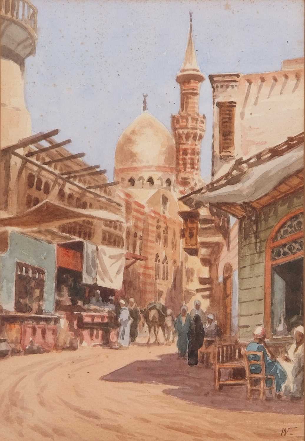 Edwin Lord Weeks (American, 1849-1903), "A Street Scene, Cairo", watercolour, signed monogram, - Image 3 of 3