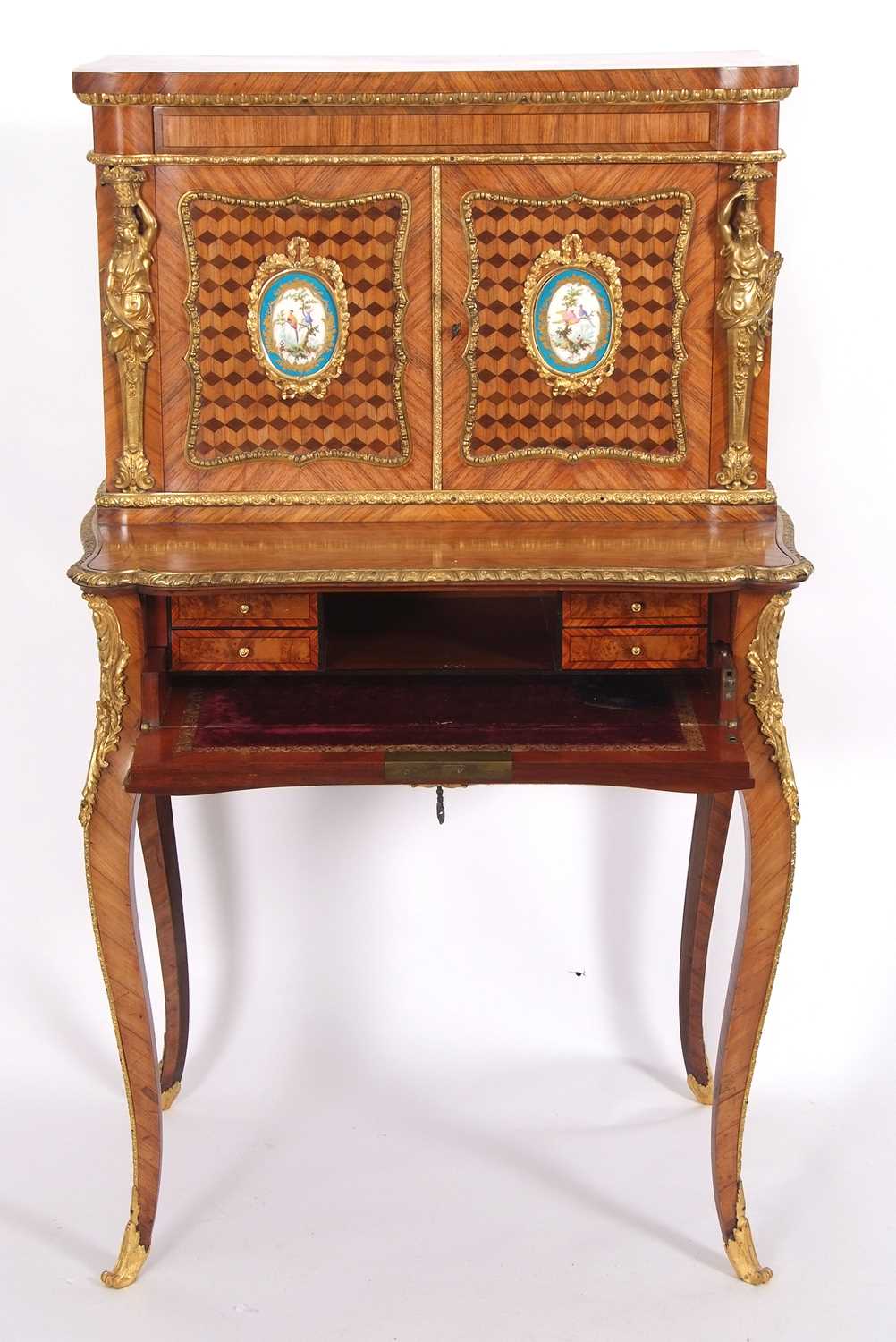 A French walnut porcelain and ormolu desk with two panelled doors to the top over a base with single - Image 3 of 16