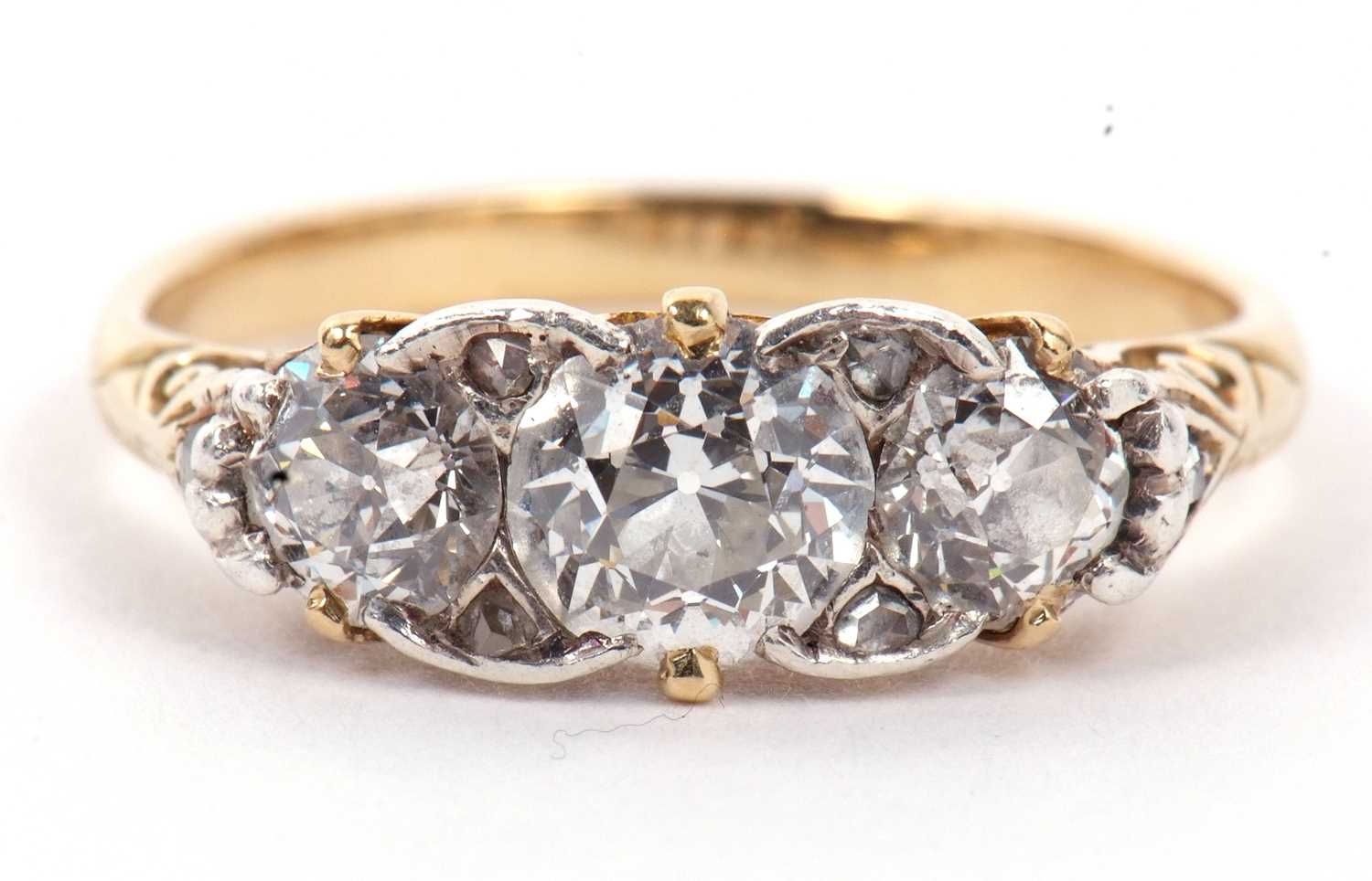 Three stone diamond ring, the graduated round old brilliant cut diamonds, total estimated approx. - Image 3 of 9