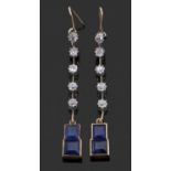 Sapphire and diamond pendant earrings, set with two graduated princess cut sapphires, calibre set