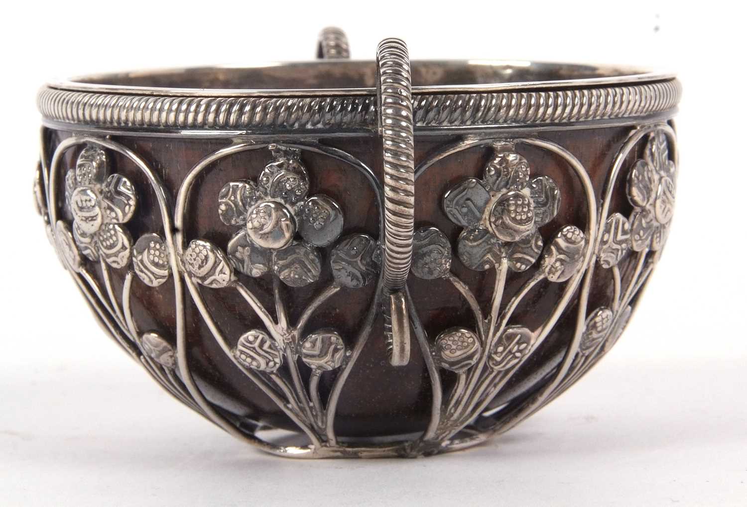 An antique unmarked white metal framed small coconut cup having nine open wire work panels each - Image 4 of 10
