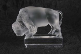 Lalique model of a Bison on rectangular clear glass base, after a Rene Lalique model, engraved
