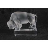 Lalique model of a Bison on rectangular clear glass base, after a Rene Lalique model, engraved