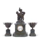 A good quality19th century French clock garniture, the clock set in a green marble case mounted with