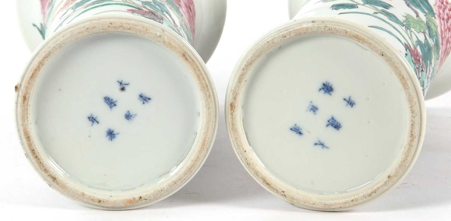 A pair of Chinese porcelain cylindrical shaped vases decorated in famille rose/vert with flowering - Image 6 of 6