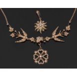 15ct seed pearl necklace and two interchangeable pendants, with central seed pearl set vine leaf and