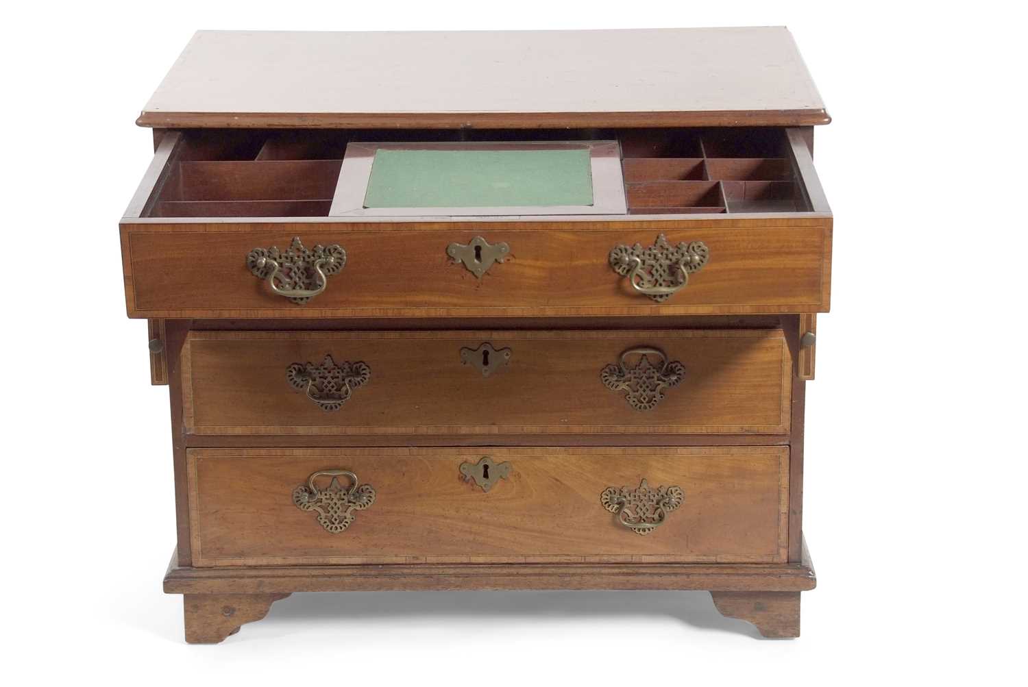 A George III mahogany and cross banded secretaire chest of four drawers, raised on bracket feet, - Image 4 of 4