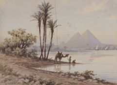 Edwin Lord Weeks (American,1849-1903), "The Great Pyramid, Cairo", watercolour, signed monogram,