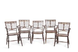 A matched set of five 19th Century Mendlesham fruit wood and elm armchairs with triple ball, spindle