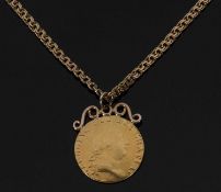 George III spade guinea, mounted to a gold chain stamped 375, 23.7g gross