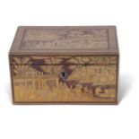 Chinese wood and lacquer box with gilt decoration of Chinese figures, 17cm long