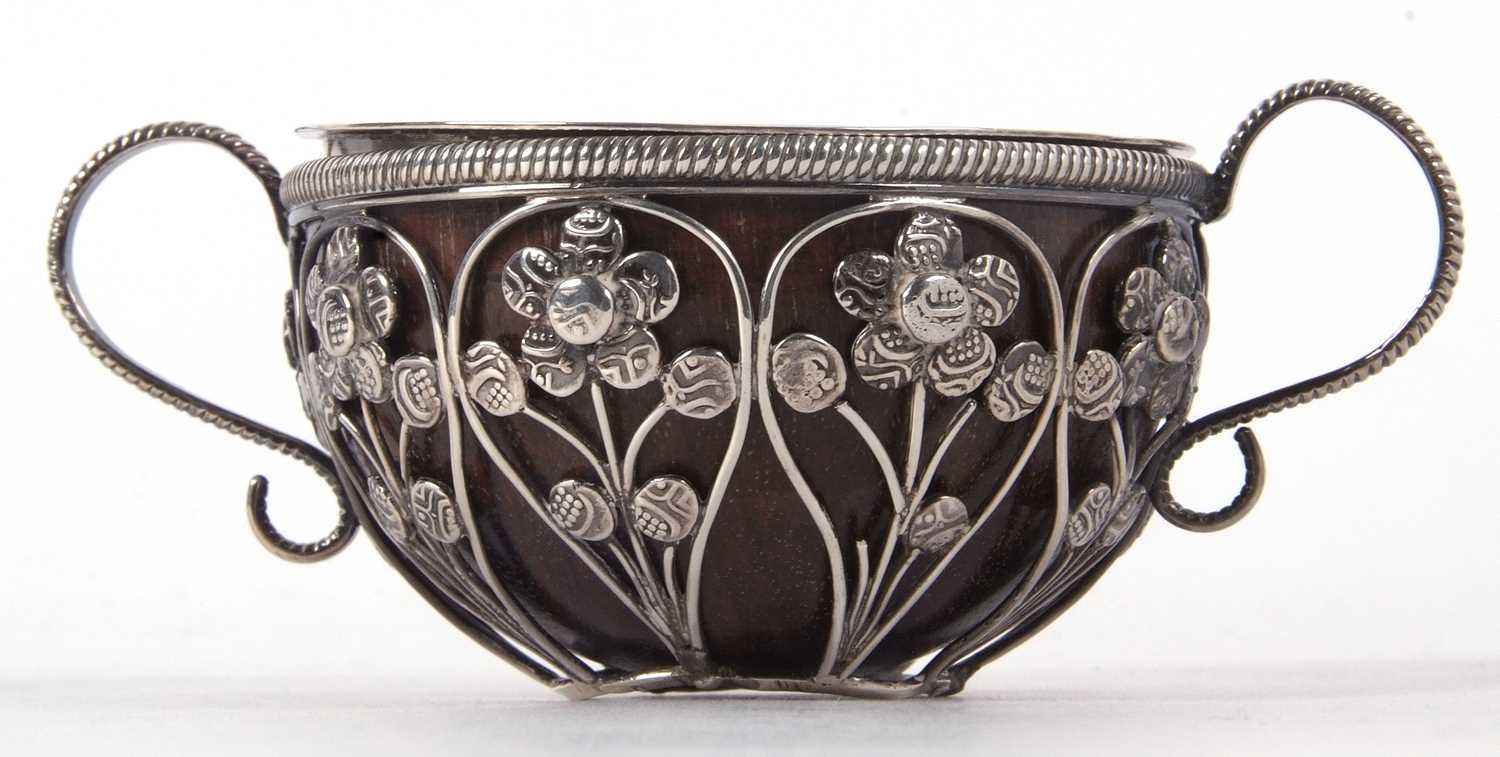 An antique unmarked white metal framed small coconut cup having nine open wire work panels each - Image 10 of 10