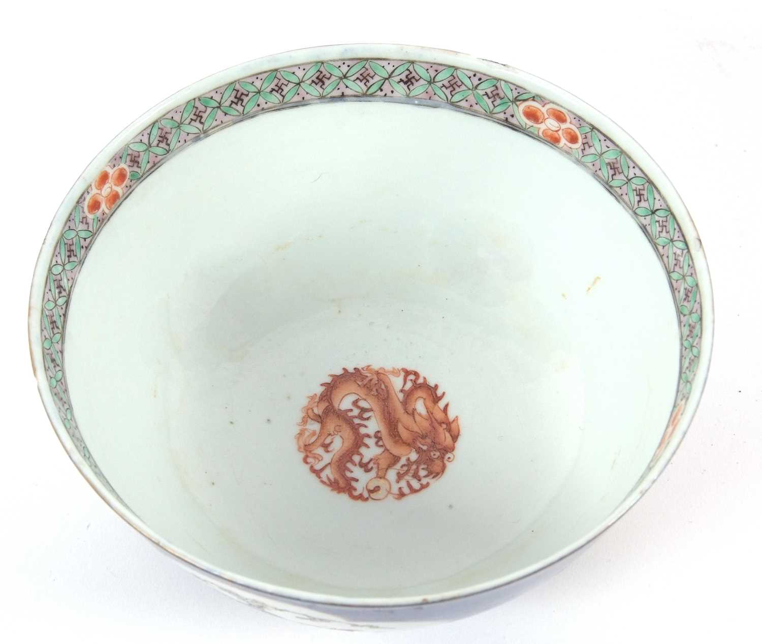 Chinese porcelain powder blue ground bowl with shaped panels of landscape scenes, double - Image 7 of 8