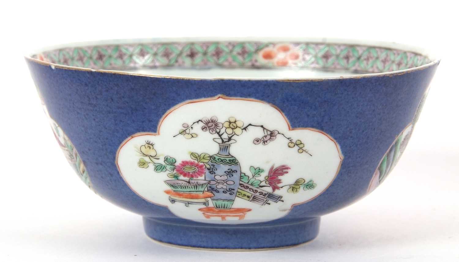 Chinese porcelain powder blue ground bowl with shaped panels of landscape scenes, double - Image 3 of 8