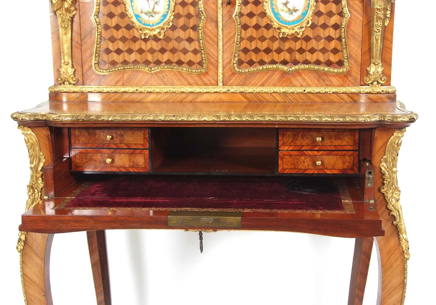 A French walnut porcelain and ormolu desk with two panelled doors to the top over a base with single - Image 5 of 16