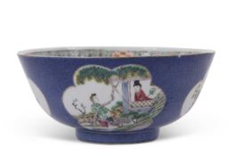 Chinese porcelain powder blue ground bowl with shaped panels of landscape scenes, double