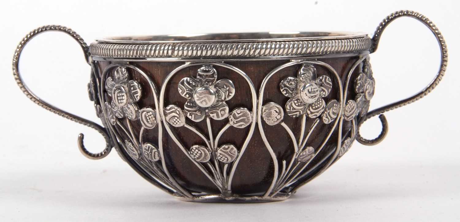 An antique unmarked white metal framed small coconut cup having nine open wire work panels each - Image 3 of 10