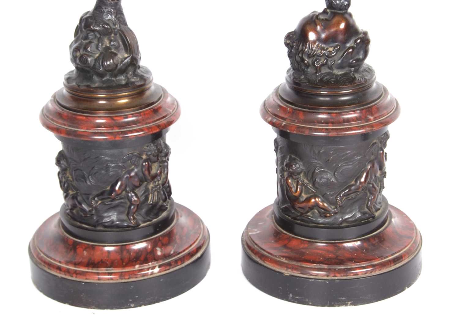 After Giambologna: a pair of Grand Tour bronze figures of Mercury and Fortuna, on red marble socle - Image 11 of 14