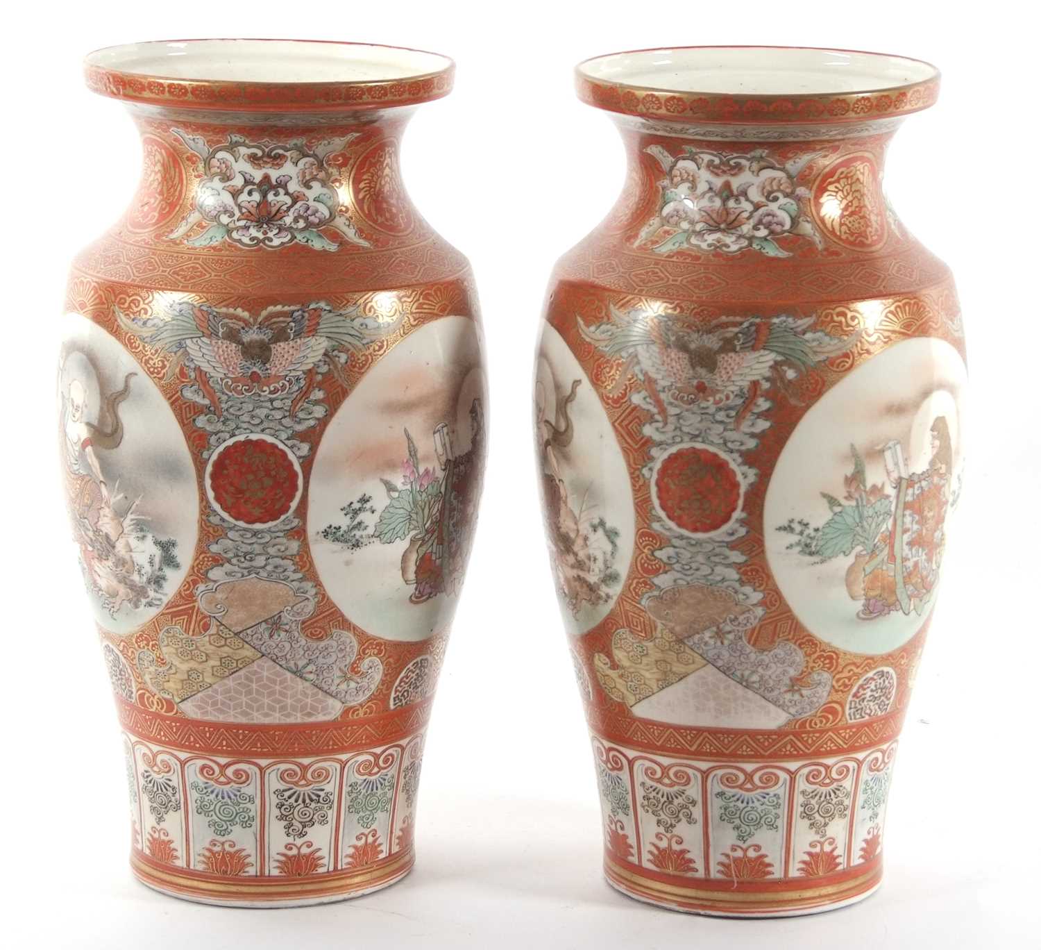 Large pair of Japanese porcelain vases Meiji period decorated with central panels of Japanese - Image 3 of 5