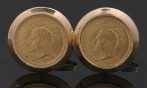 Pair of Iranian 1/2 Pahlavi Reza Shah coin cufflinks, each in mounts and fittings stamped 750, 13.9g