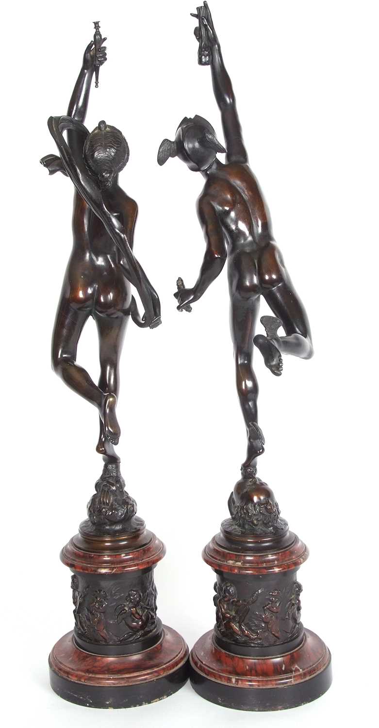 After Giambologna: a pair of Grand Tour bronze figures of Mercury and Fortuna, on red marble socle - Image 7 of 14
