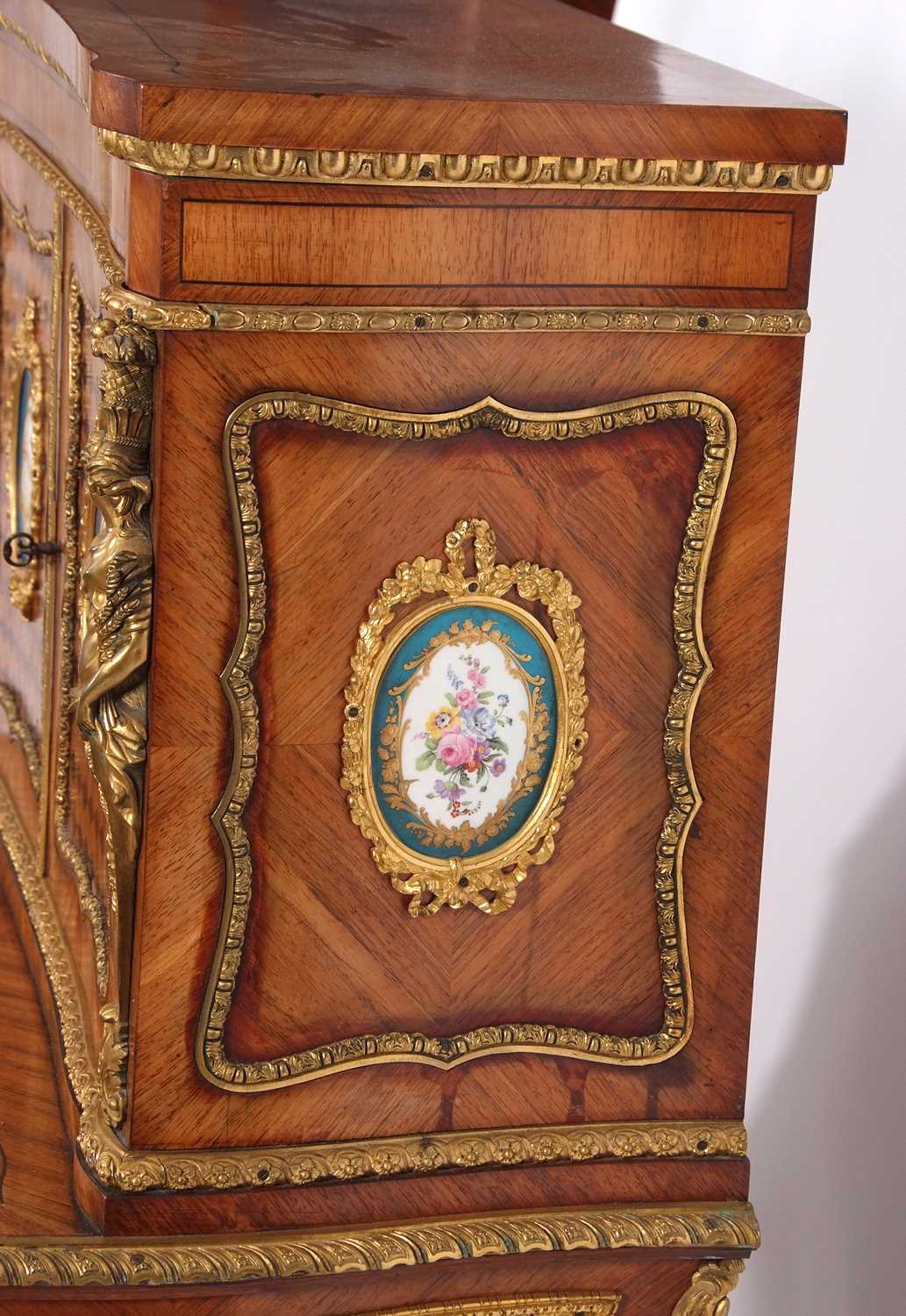 A French walnut porcelain and ormolu desk with two panelled doors to the top over a base with single - Image 9 of 16