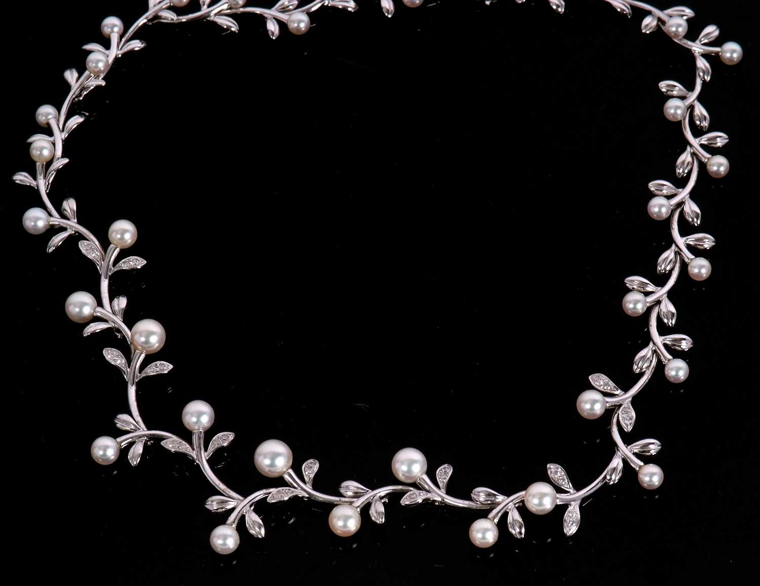 Mikimoto cultured pearl and diamond set necklace, a continuous leaf and pearl design highlighted - Image 2 of 5