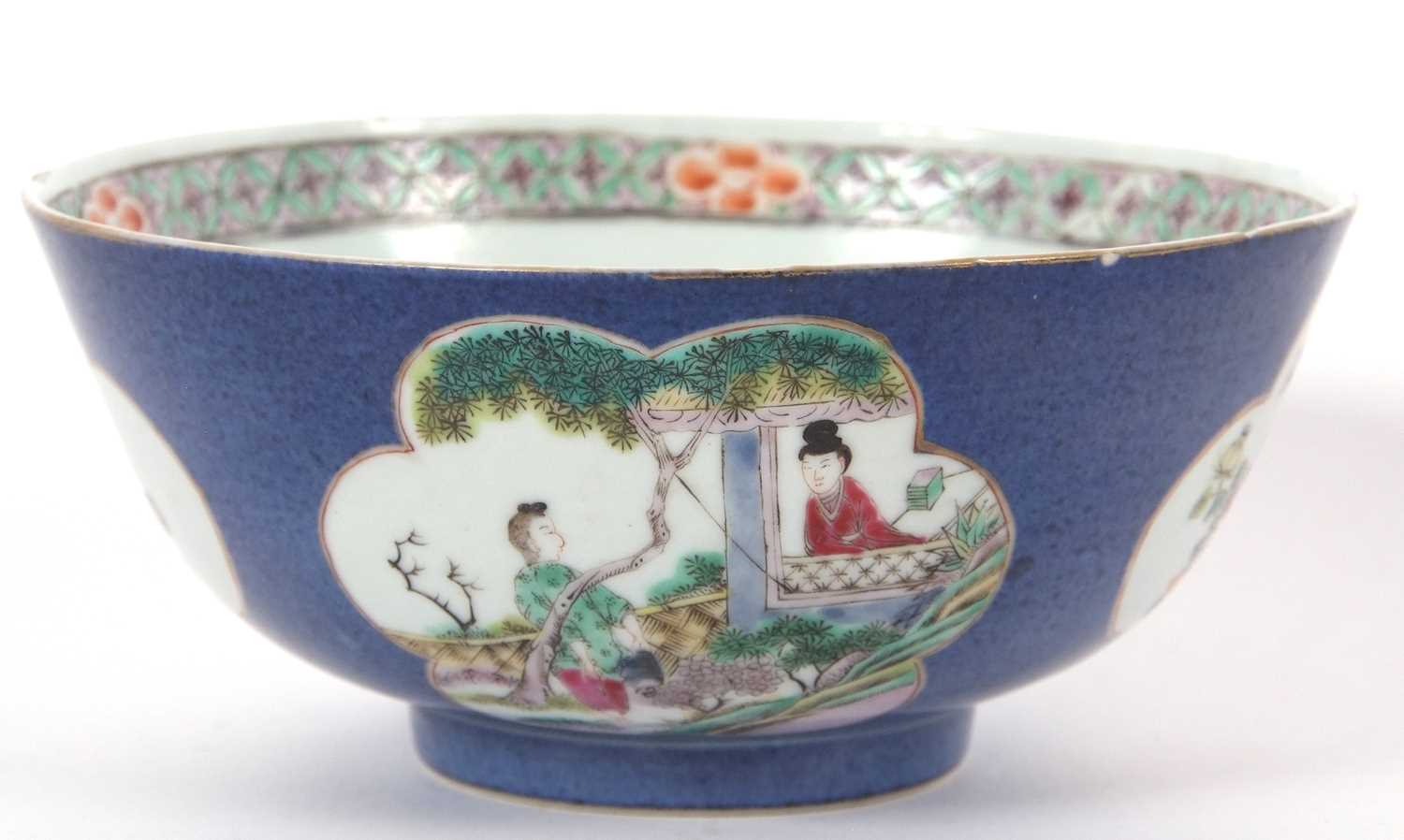 Chinese porcelain powder blue ground bowl with shaped panels of landscape scenes, double - Image 6 of 8