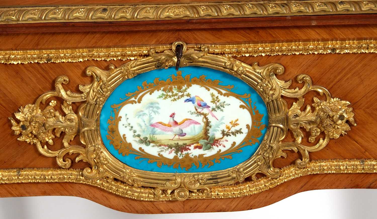 A French walnut porcelain and ormolu desk with two panelled doors to the top over a base with single - Image 7 of 16