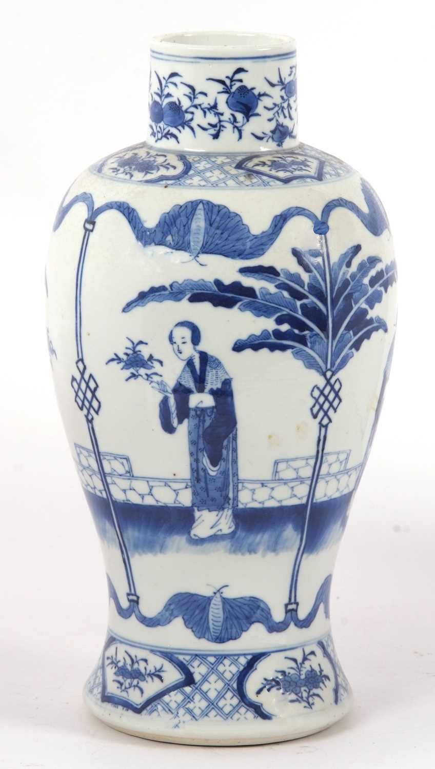 A Chinese porcelain baluster shape vase decorated in blue and white with Chinese figures in Kangxi - Image 2 of 4