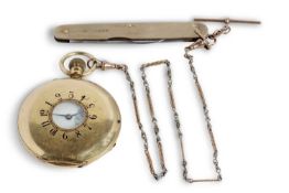 An 18ct gold half hunter pocket watch by Hilton of Stockton with a two tone 9ct gold chain and a 9ct