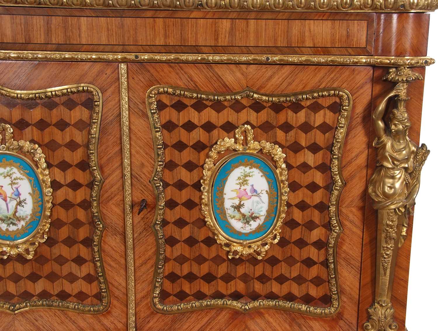 A French walnut porcelain and ormolu desk with two panelled doors to the top over a base with single - Image 13 of 16