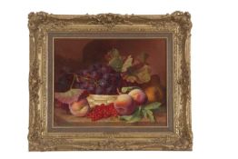 Eloise Harriet Stannard (British,1829-1915), "Still life of peaches, red currents and black grapes",