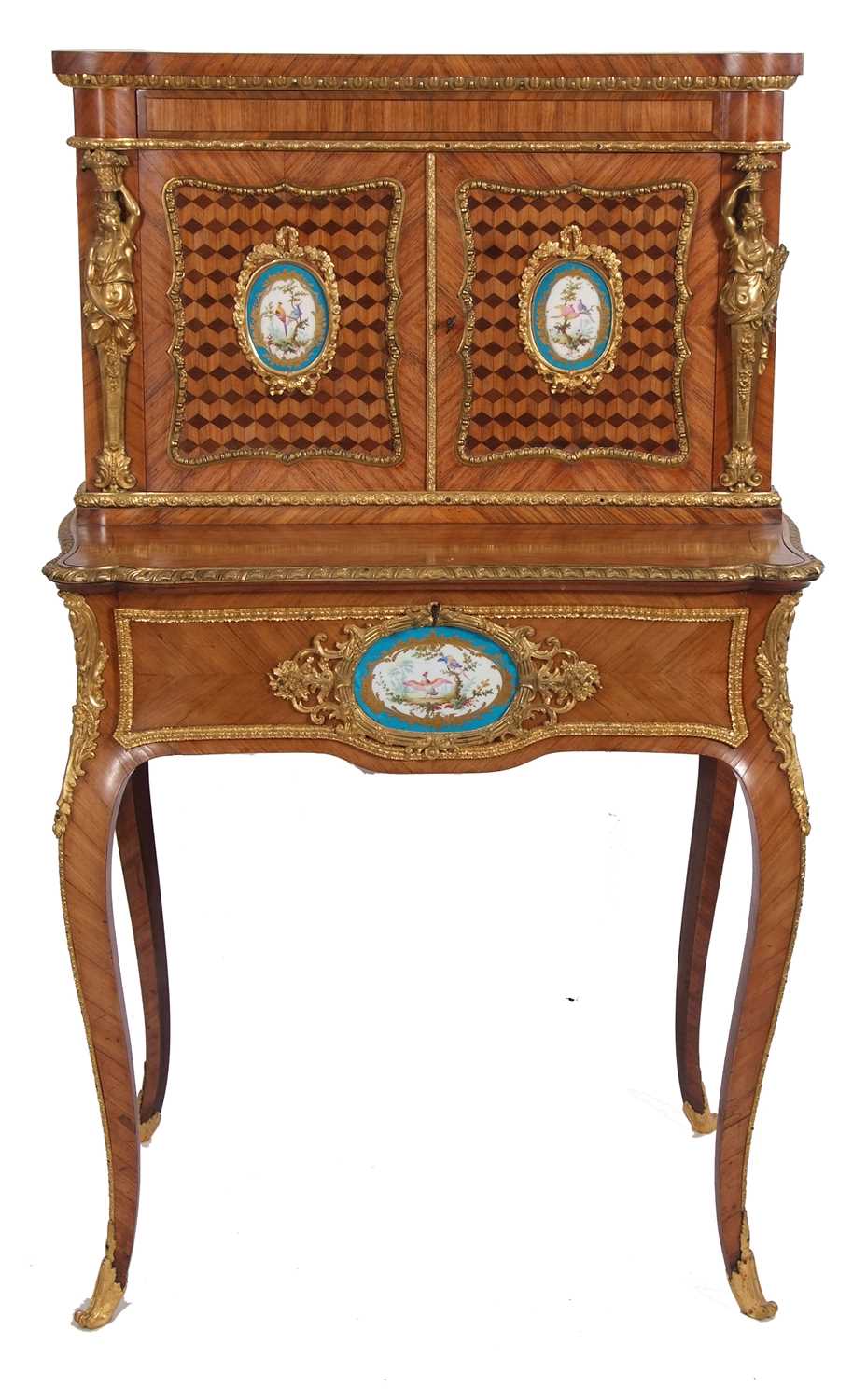 A French walnut porcelain and ormolu desk with two panelled doors to the top over a base with single - Image 11 of 16