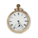 Yellow metal open faced pocket watch stamped K18 inside the case back and movement cover, has a
