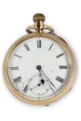 Yellow metal open faced pocket watch stamped K18 inside the case back and movement cover, has a