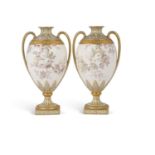 Fine pair of Royal Crown Derby vases with jewelled loop handles on rectangular base, the bodies