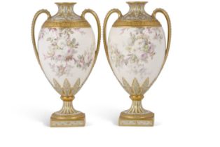 Fine pair of Royal Crown Derby vases with jewelled loop handles on rectangular base, the bodies