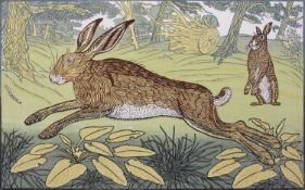 Richard Bawden RWS NEAC RE (British, b.1936), 'Hares at Holbecks', woodcut in colour, titled, signed