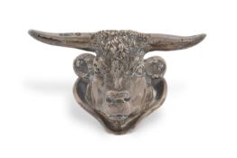 Edwardian silver paperweight well modelled as a longhorn bull. Birmingham 1901, William Hutton &