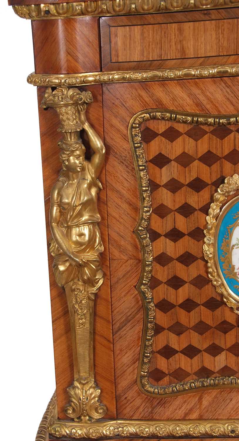 A French walnut porcelain and ormolu desk with two panelled doors to the top over a base with single - Image 15 of 16