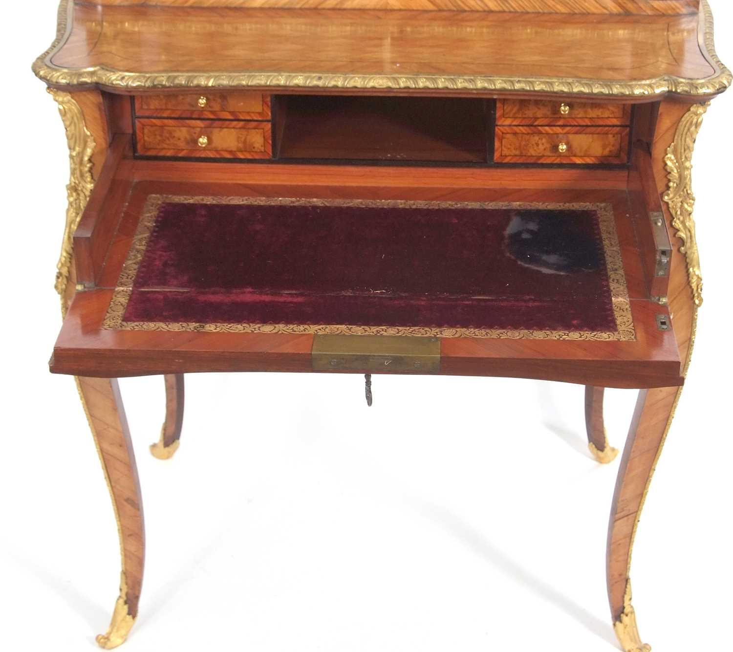A French walnut porcelain and ormolu desk with two panelled doors to the top over a base with single - Image 6 of 16