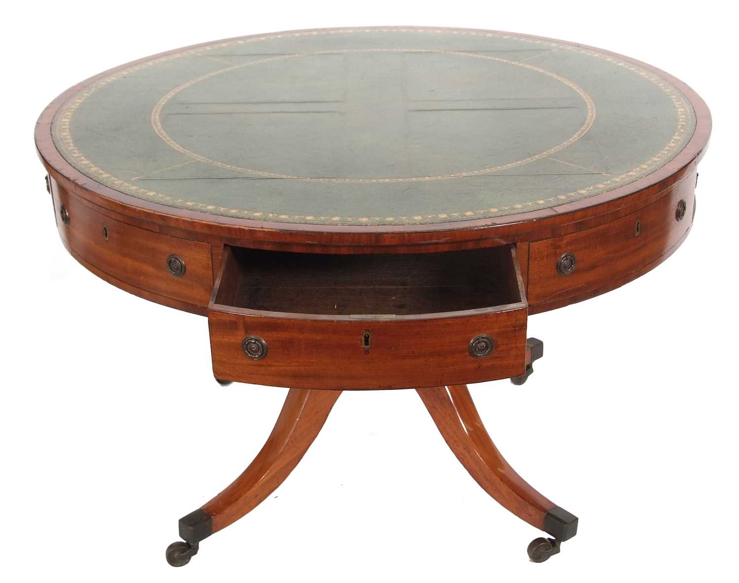 A George III mahogany drum table of typical form, the top inset with green tooled leather and fitted - Image 3 of 3