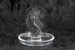 Lalique pin dish, the centre with a model of an Art Nouveau lady with etched mark to base, 11cm