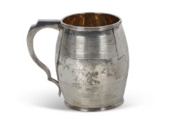 George III period pint tankard of barrel form with banded reeded decoration, hollow looped handle,