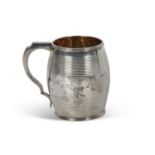 George III period pint tankard of barrel form with banded reeded decoration, hollow looped handle,