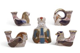 Group of Crown Derby paperweight wares including a Persian cat from the Royal Cats Series and four