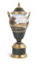 Wedgwood porcelain vase and cover with gilt handles on circular stand, the body finely painted