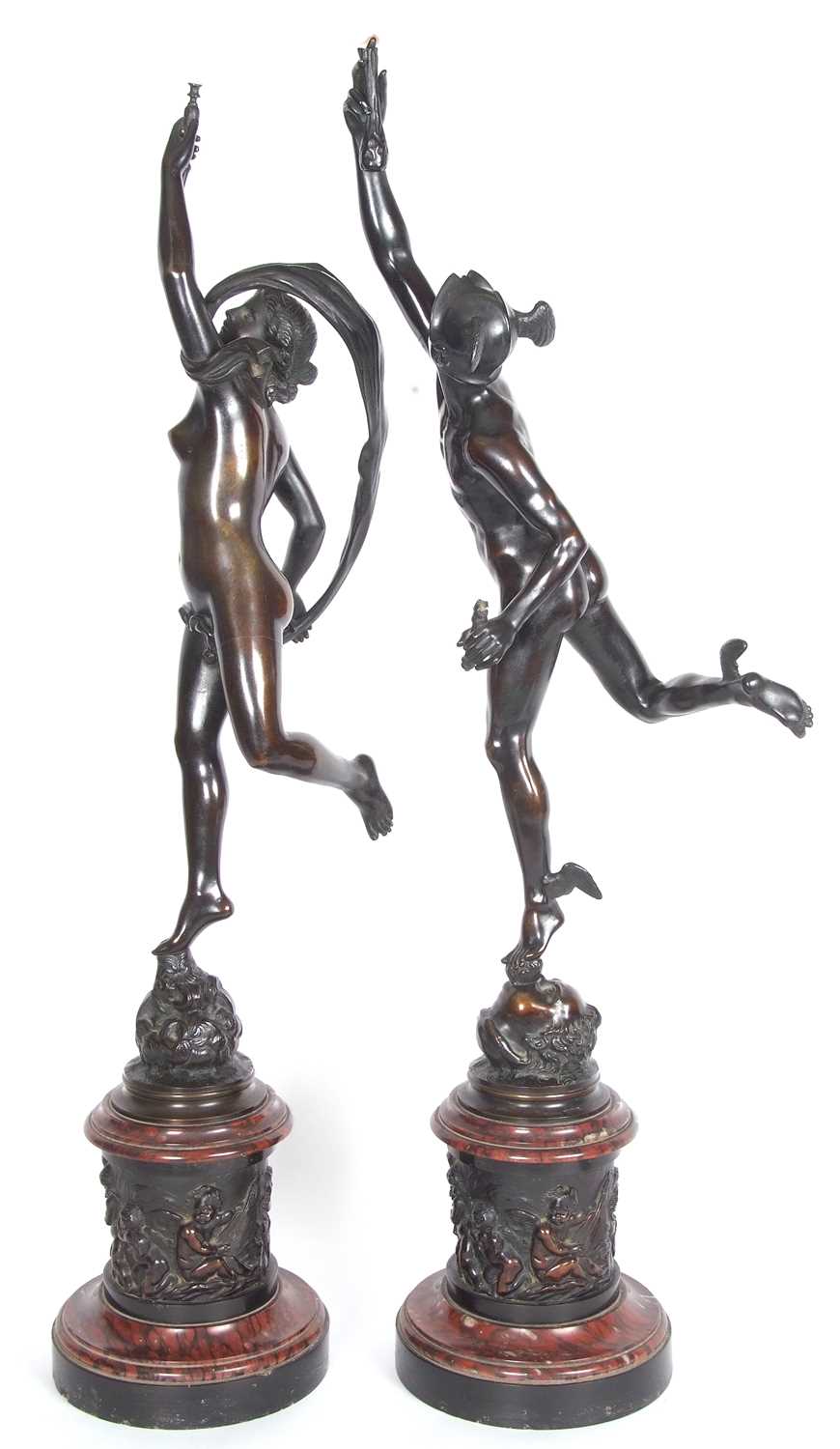 After Giambologna: a pair of Grand Tour bronze figures of Mercury and Fortuna, on red marble socle - Image 6 of 14