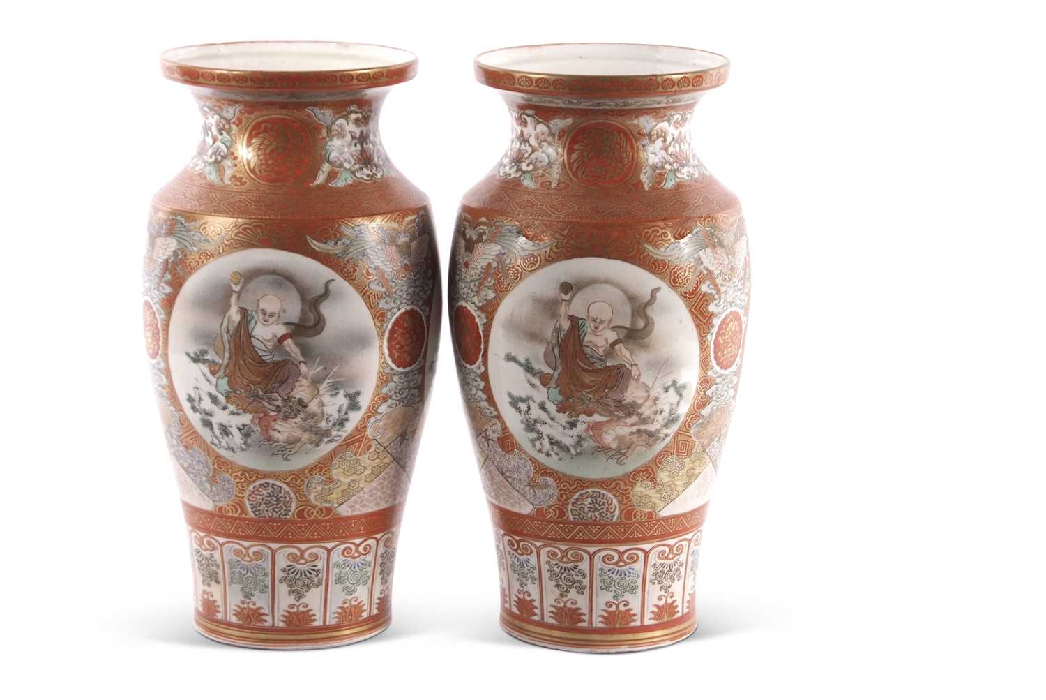 Large pair of Japanese porcelain vases Meiji period decorated with central panels of Japanese